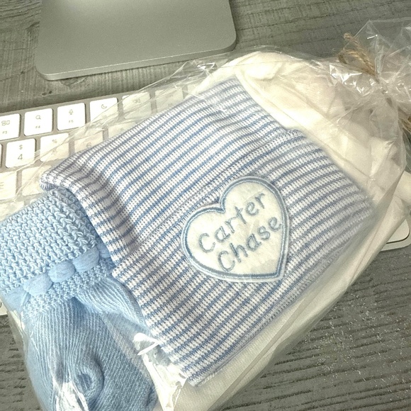 Personalized Newborn Boy Bowtie Outfit with Hat and Sock Set "Carter Chase" NWT - Picture 2 of 3